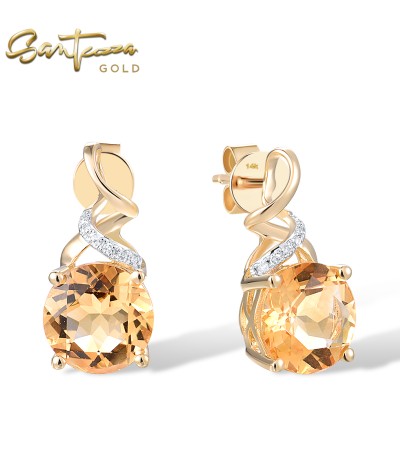 SANTUZZA 14K 585 Yellow Gold Stud Earrings Diamonds Citrine Fine Jewelry