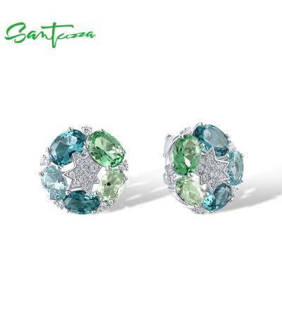 SANTUZZA 925 Sterling Silver Stud Earrings Green Spinel White Cubic Zirconia Jewelry