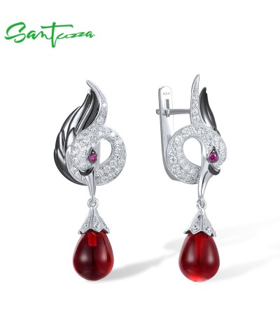 SANTUZZA 925 Sterling Silver Black &White Swan Earrings White CZ Red Glass Created Ruby Dangling Jewelry