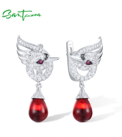SANTUZZA 925 Sterling Silver Swan Earrings White CZ Red Glass Created Ruby Dangling Jewelry