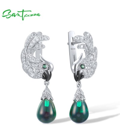 SANTUZZA 925 Sterling Silver Parrot Earrings White CZ Green Spinel/ Glass Dangling Jewelry