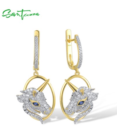 SANTUZZA 925 Sterling Silver Unicorn Earrings Blue Nano White Cubic Zirconia Gold Plated Dangling Jewelry