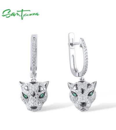 SANTUZZA 925 Sterling  Silver Dangling Earrings Sparkling Green Spinel White CZ Leopard Animal Jewelry