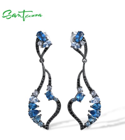 SANTUZZA 925 Sterling Silver Earrings Blue Black Spinel Dangling Earrings Geometric Jewelry
