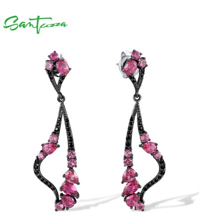 SANTUZZA 925 Sterling Silver Earrings Sparkling Red Nano Crystal Black Spinel Dangling Fine Jewelry