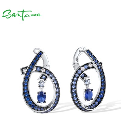 SANTUZZA 925 Sterling Silver Earrings Blue Spinel White CZ Linear Geometric Fine Jewelry