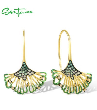 SANTUZZA 925 Sterling Silver Hook Earrings Green Spinel Enamel Leaf Jewelry
