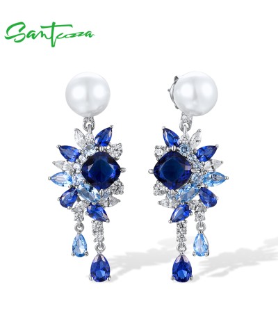 SANTUZZA 925 Sterling Silver Drop Earrings Blue Spinel Cluster Fine Jewelry