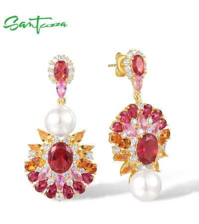 SANTUZZA 925 Sterling Silver Drop Earrings Red & Yellow Cluster Crystal Geometric Fine Jewelry