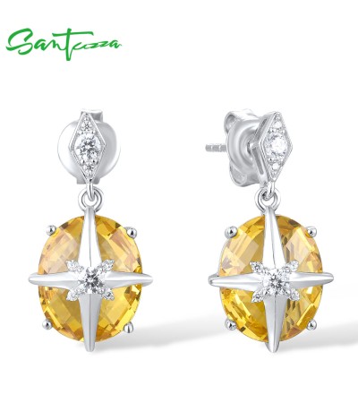 SANTUZZA 925 Sterling Silver Stud Earrings Yellow Stone White CZ Cute Star Jewelry