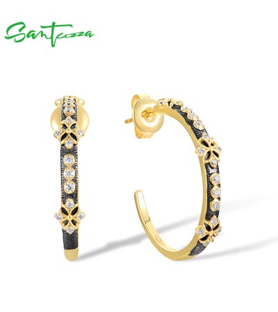SANTUZZA 925 Sterling Silver Stud Hoop Earrings White Zircons Yellow Black Plated Color Jewelry