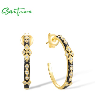 SANTUZZA Sterling Silver Circle Hoop Earrings White Zircons Yellow Black Plated Color Jewelry