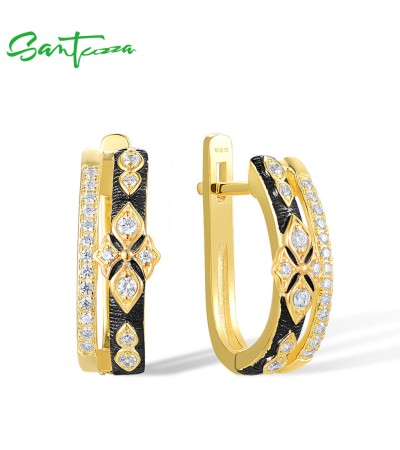 SANTUZZA 925 Sterling Silver Earrings White Zircons Yellow Black Plated Color Jewelry