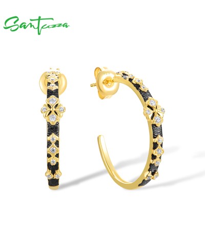 SANTUZZA 925 Sterling Silver Circle Hoop Earrings White Zircons Yellow Black Plating Jewelry