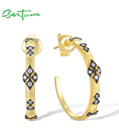 SANTUZZA 925 Sterling Silver Big Hoop Earrings Circle White Zircons Yellow Black Plating Jewelry