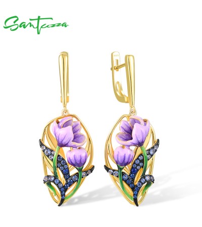 SANTUZZA 925 Sterling Silver Earrings Purple Enamel Flower Blue Spinel Jewelry