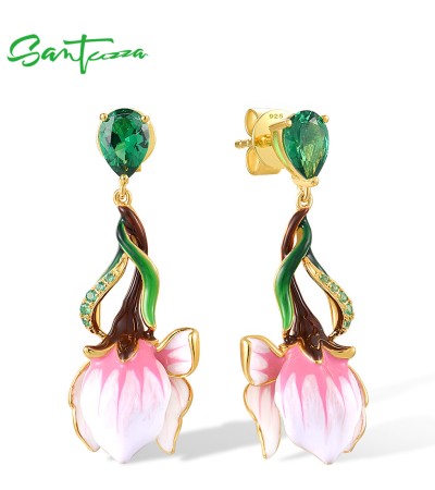 SANTUZZA 925 Sterling Silver Stud Earrings Pink Enamel Flower Green Spinel Jewelry