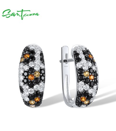 SANTUZZA 925 Sterling Silver Latch Back Earrings Black Spinel White CZ Yellow Nano CZ Fine Jewelry