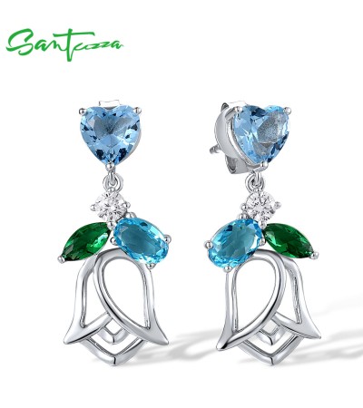 SANTUZZA 925 Sterling Silver Stud Earrings Flower Blue Green Stones White CZ Dangling Fine Jewelry