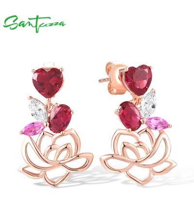 SANTUZZA 925 Sterling Silver Earrings Red Nano Crystal Pink Sapphire White CZ Heart Lotus Fine Jewelry