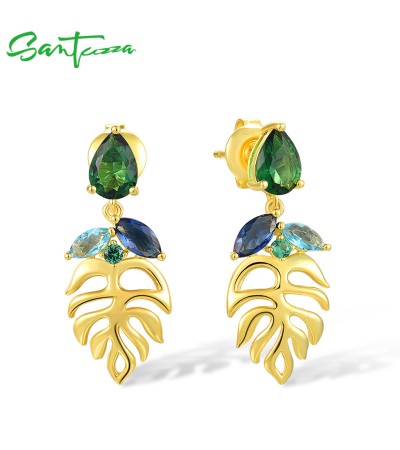 SANTUZZA 925 Sterling Silver Stud Earrings Blue Green Stones Spinel Leaf Dangling Fine Jewelry