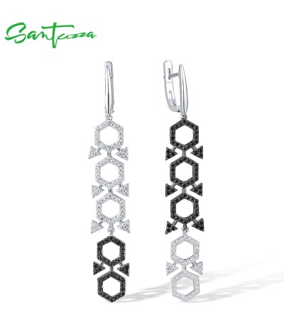 SANTUZZA 925 Sterling Silver Earrings White CZ Black Spinel Geometric Long Dangling Fine Jewelry
