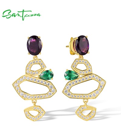 SANTUZZA 925 Sterling Silver Stud Earrings Purple Stones White CZ Geometric Dangling Earrings Jewelry
