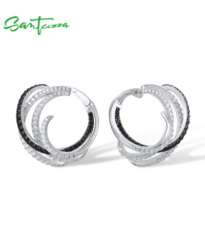 SANTUZZA 925 Sterling Silver Earrings Black White Stone Linear Geometric Fine Jewelry