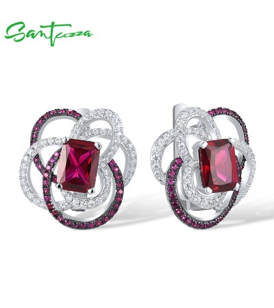 SANTUZZA 925 Sterling Silver Earrings Created Ruby White CZ Delicate Red Jewelry