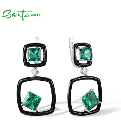 SANTUZZA 925 Sterling Silver Enamel Earrings Green Spinel White CZ Square Dangling Fine Jewelry