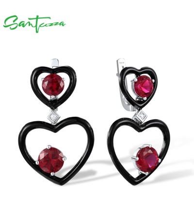 SANTUZZA 925 Sterling Silver Enamel Earrings Red Nano Crystal White CZ Dangling Heart Fine Jewelry