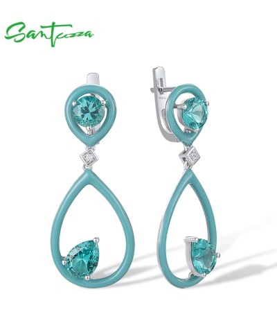 SANTUZZA 925 Sterling Silver Enamel Earrings Green Spinel White CZ Dangling Pear Fine Jewelry