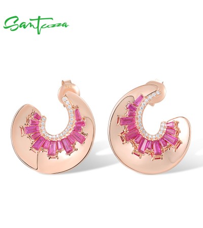 SANTUZZA 925 Sterling Silver Earrings White CZ Created Ruby Geometric Half Moon Jewelry