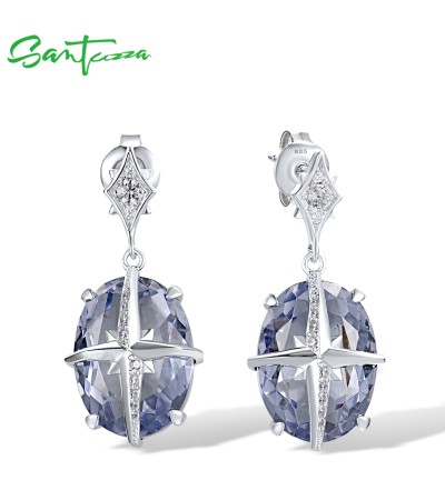 SANTUZZA 925 Sterling Silver Stud Earrings Purple Stone White CZ Jewelry