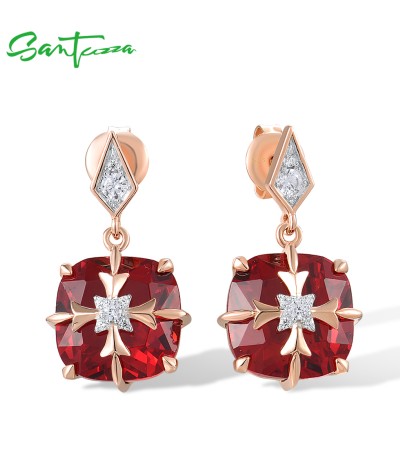 SANTUZZA 925 Sterling Silver Stud Earrings Red Stone White CZ Square Jewelry