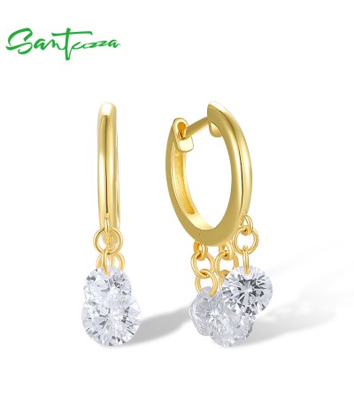 SANTUZZA Pure 925 Sterling Silver Drop Earrings For Women Round White Cubic Zirconia Hoop Gold Color Plated Chic Fine Jewelry