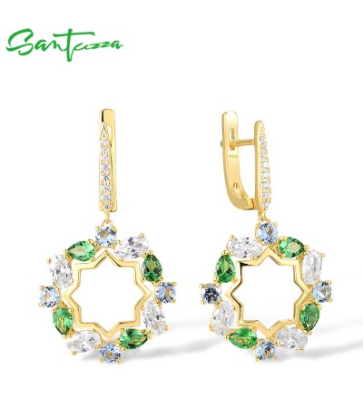 SANTUZZA 925 Sterling Silver Dangling Earrings White CZ Green/Blue Spinel Circled Fine Jewelry
