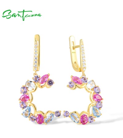 SANTUZZA 925 Sterling Silver Dangling Earrings Multi-Color Gemstones Fine Jewelry