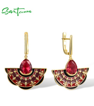 SANTUZZA 925 Sterling Silver Pink Earrings Red Stone Enamel Charm Jewelry