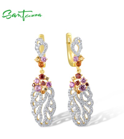 SANTUZZA 925 Sterling Silver Dangling Earrings Pink Red Stone White CZ Jewelry