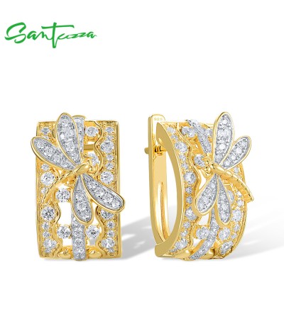 SANTUZZA 925 Sterling Silver Earrings White Cubic Zirconia Dragonfly Fine Jewelry
