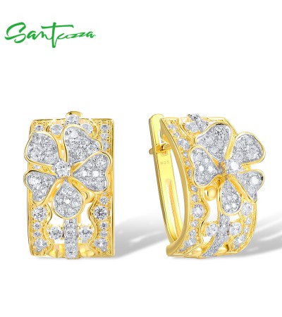 SANTUZZA 925 Sterling Silver Earrings White Cubic Zirconia Flower Fine Jewelry
