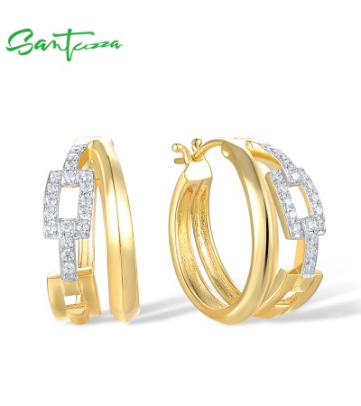 SANTUZZA 925 Sterling Silver Hoop Earrings White Cubic Zirconia Geometric Fine Jewelry