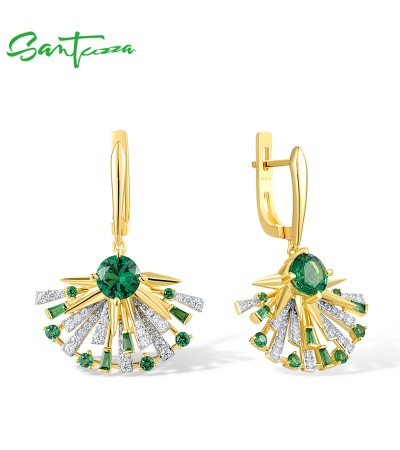 SANTUZZA Genuine 925 Sterling Silver Earrings Green Spinel White CZ Fan Shaped Jewelry