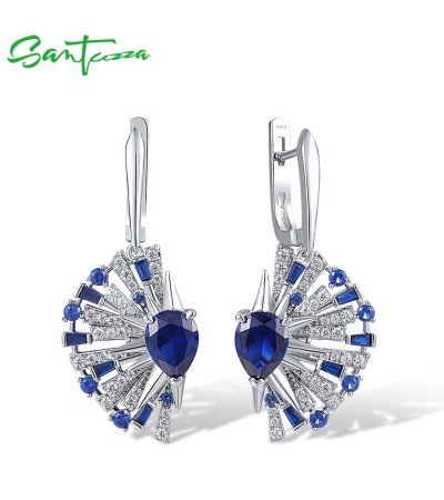 SANTUZZA 925 Sterling Silver Earrings Blue Spinel White CZ Fan Shape Drop Jewelry