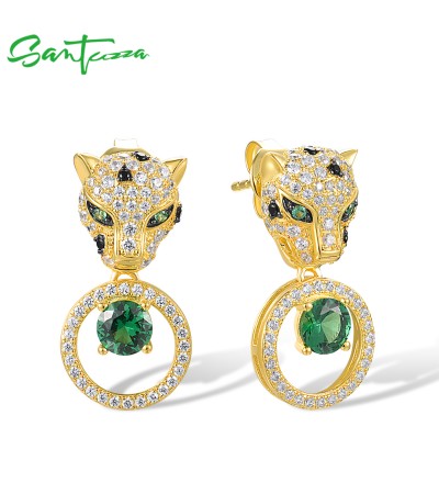 SANTUZZA 925 Sterling Silver Leopard Earrings Green Spinel White CZ Dangling Jewelry