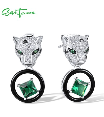 SANTUZZA 925 Sterling Silver Leopard Earrings Green Spinel White CZ Dangling Enamel Jewelry