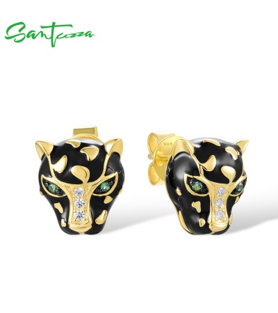 SANTUZZA 925 Sterling Silver Stud Black Leopard Earrings Green Spinel White CZ Animal Enamel Jewelry