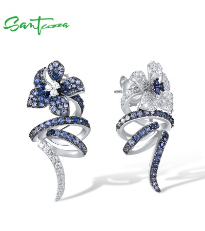 SANTUZZA 925 Sterling Silver Stud Earrings Blue White Stone Delicate Flower Fine Jewelry