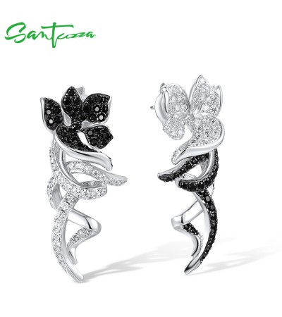 SANTUZZA 925 Sterling Silver Earrings White Black Flower  Jewelry